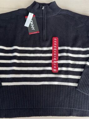 DKNY Women’s Black & White Striped Half-Zip Sweater